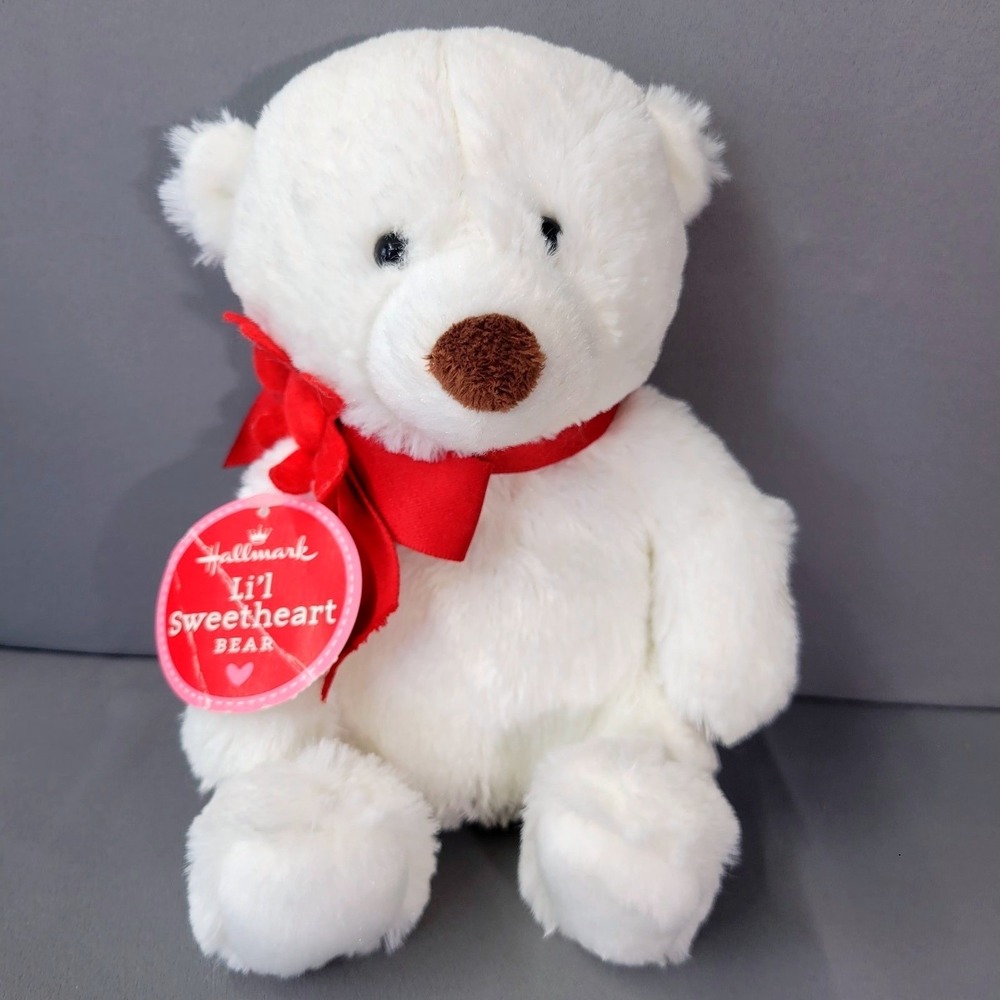 Hallmark Li'l Sweetheart Bear Plush White Red Ribbon Flower Valentine 8"